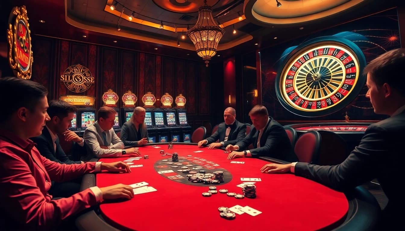 Experience thrilling casino action with jl55 one at a luxurious poker table, vibrant slots, and roulette excitement.