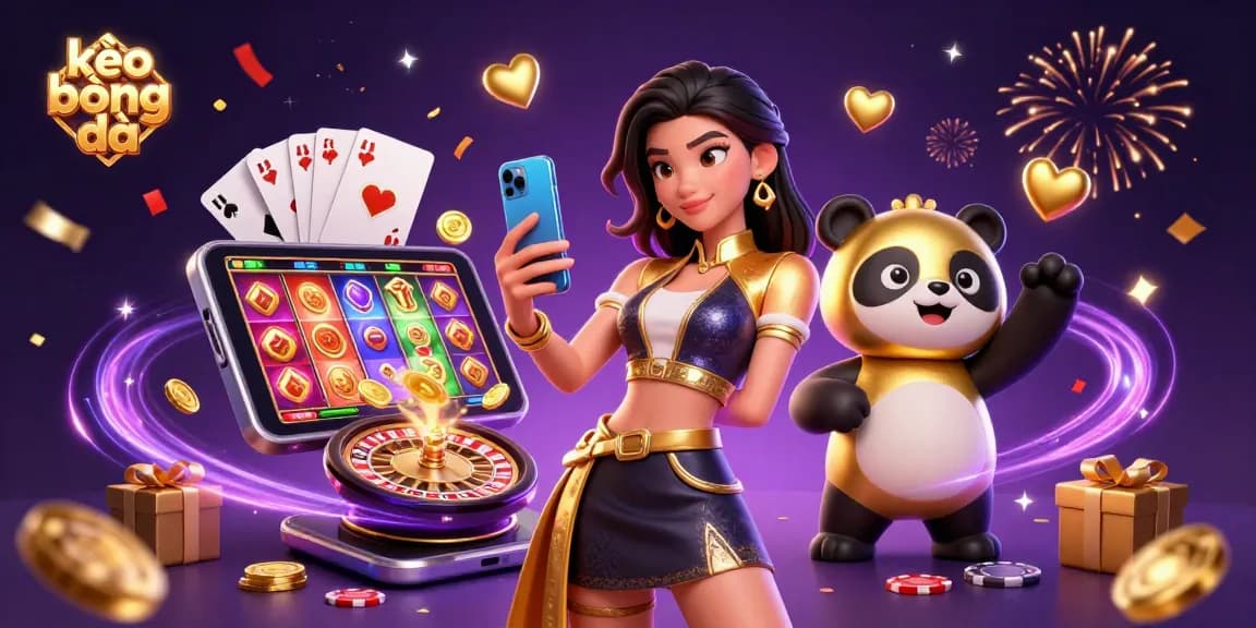Kèo bóng đá highlights a dynamic Asian woman enjoying casino games with a golden panda mascot, celebrating a thrilling betting experience.