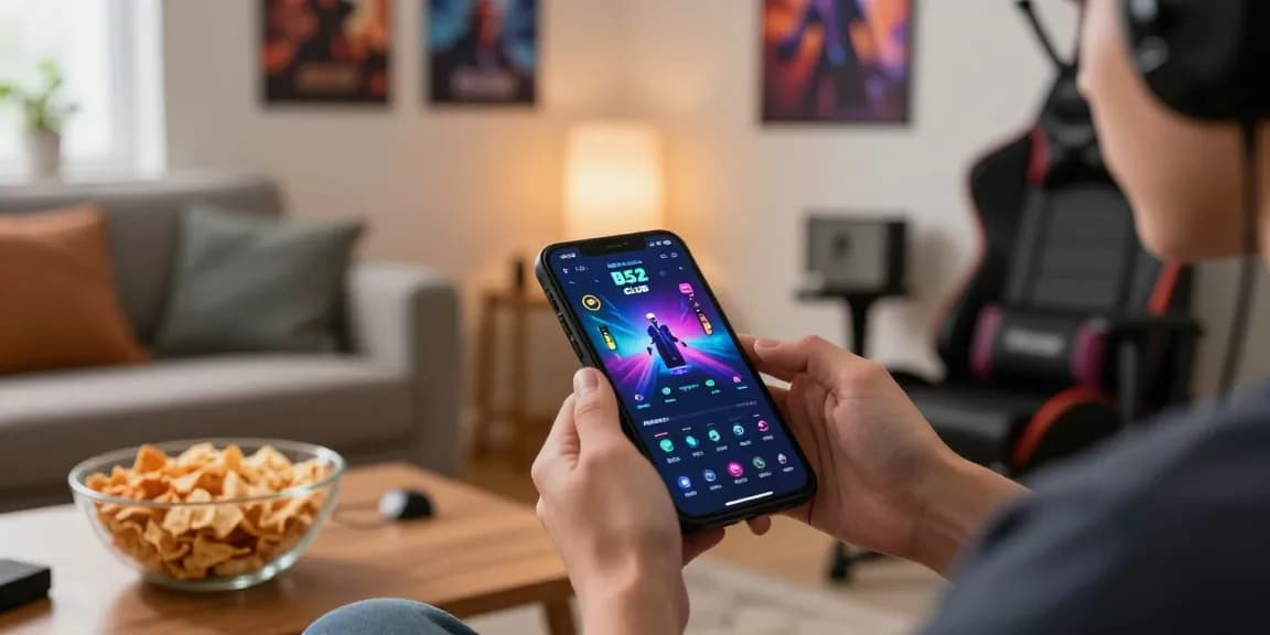 Engaged gamer using B52 CLUB app on mobile device, showcasing vibrant gaming experience from https://b52club.radio.fm/.