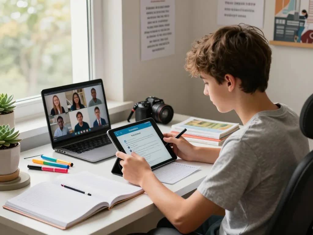 Schüler, der die Hausaufgaben Scanner-App auf dem Tablet in einem gemütlichen Arbeitszimmer verwendet.