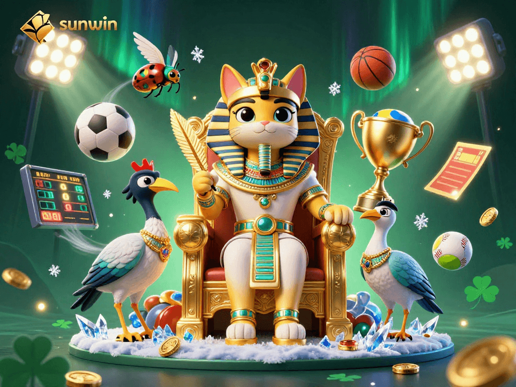Bet on sunwin with a vibrant 3D illustration featuring playful casino characters and dynamic sports elements.