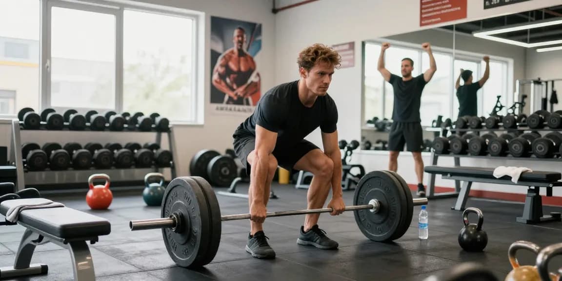 Anabolika Shop: Fitnessszene mit Bodybuilder beim Training im modernen Gym