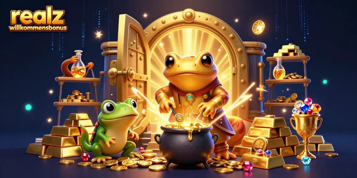 Erleben Sie den realz casino Willkommensbonus mit einem fantastischen 3D-Illustrationsszenario in einem alchemistischen Labor.
