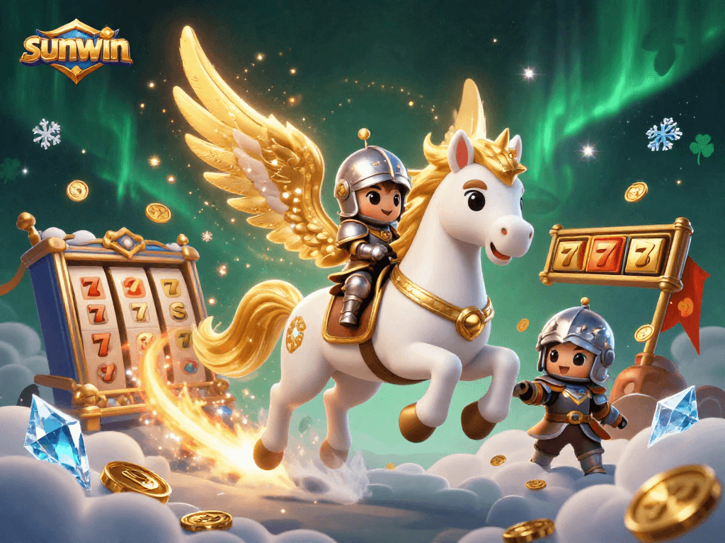 Sunwin features a cosmic horse and knight in an exciting casino atmosphere filled with slot reels and stardust.