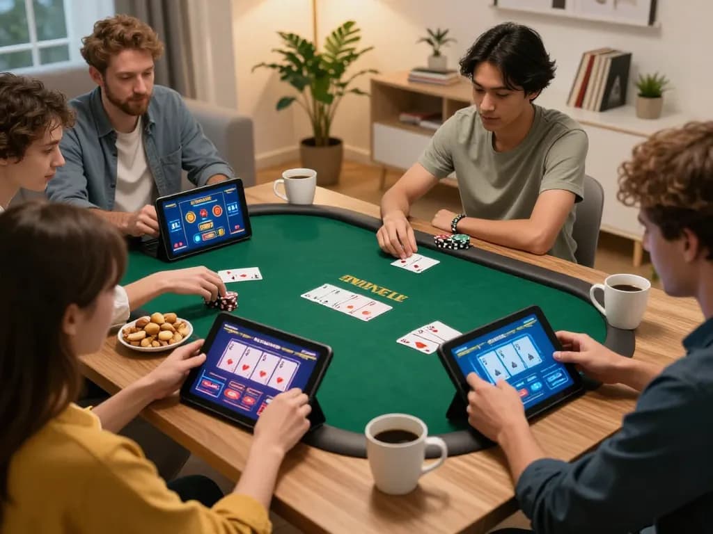 Engaging players actively Plagiat scannen in a virtual poker game at home, highlighting strategy and social interaction.