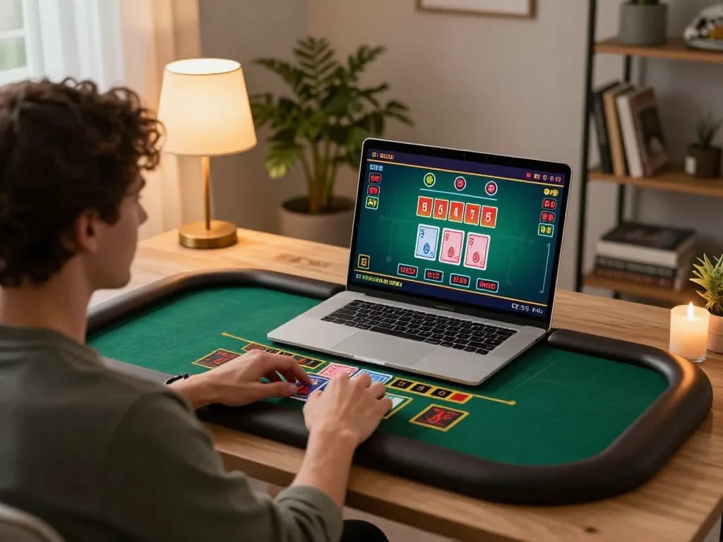 cm88 player engaging in a live dealer blackjack game from the comfort of home, showcasing responsible gaming atmosphere.