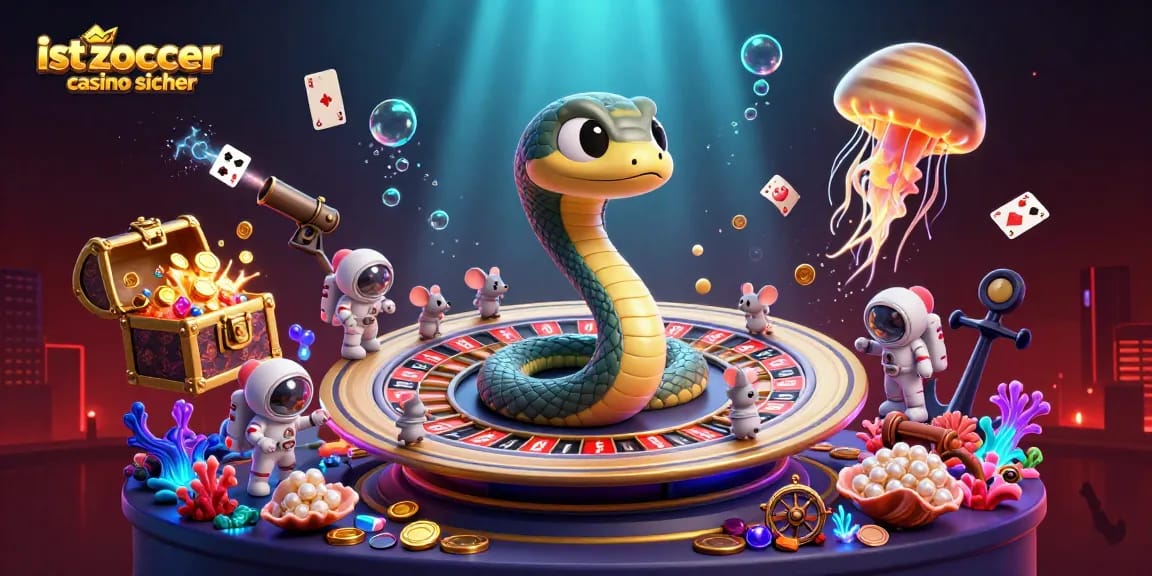 Eine dynamische Darstellung, die die Frage "ist zoccer casino sicher" hervorhebt, während Spieler auf den Ringen einer Schlange setzen.