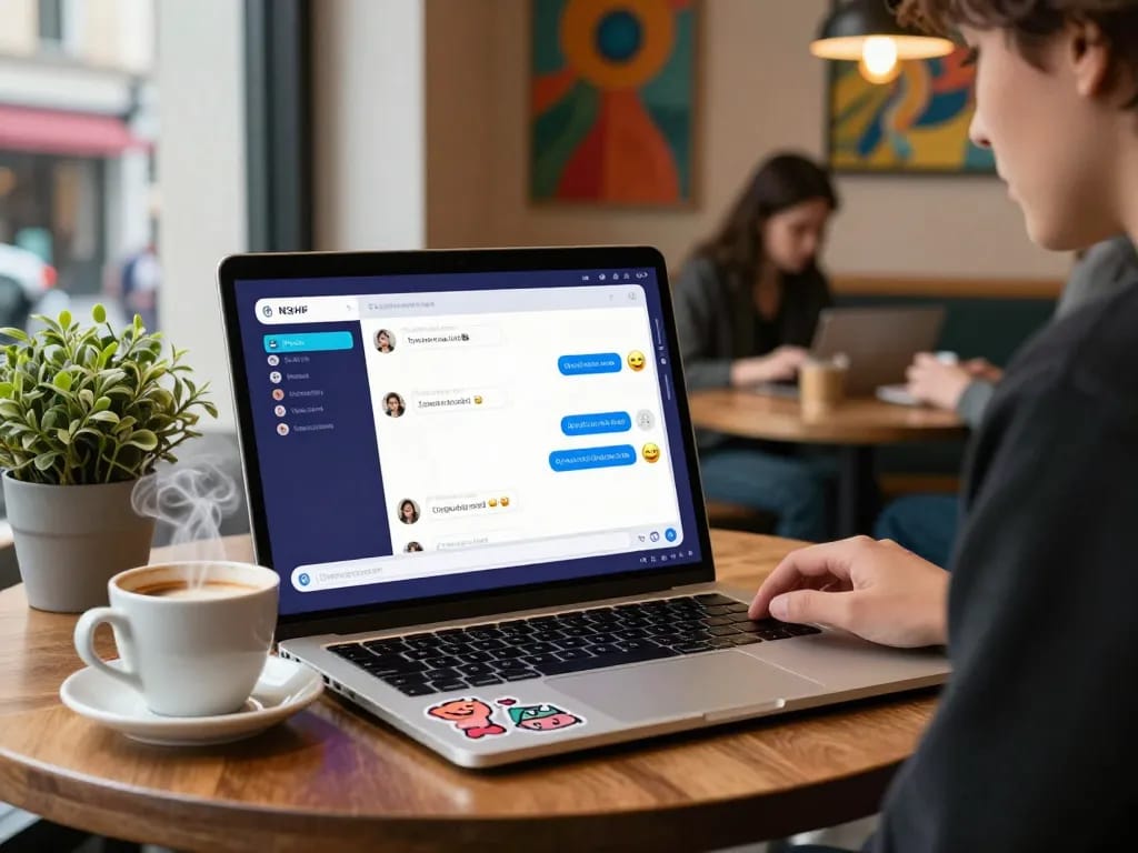 Engaging interaction with an NSFW chat bot on a laptop in a cozy café setting, showcasing modern digital conversation.