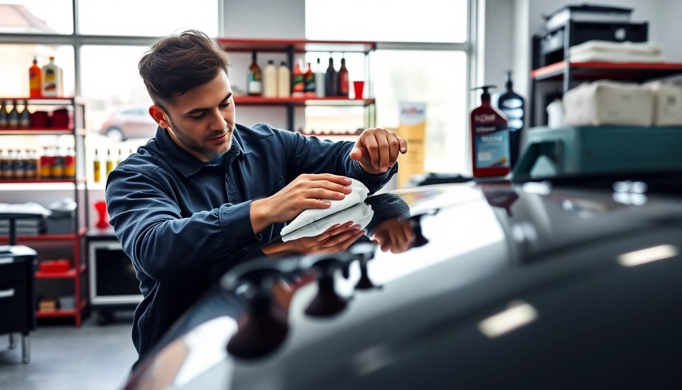 Autopflege Shop: Experten bei der Autopflege zeigen professionelle Wartung und Pflege eines Fahrzeugs.