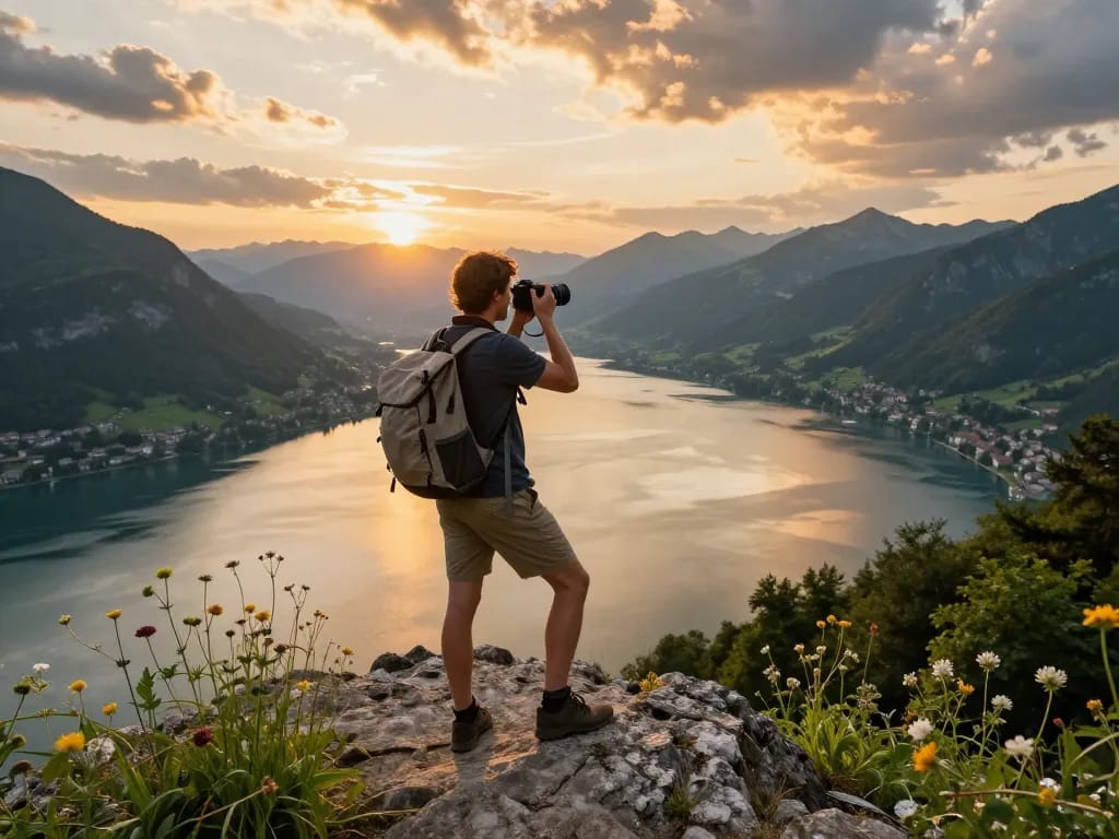 Gardasee Reisetipps: Reisender genießt die malerische Aussicht am Comersee während des Sonnenuntergangs.