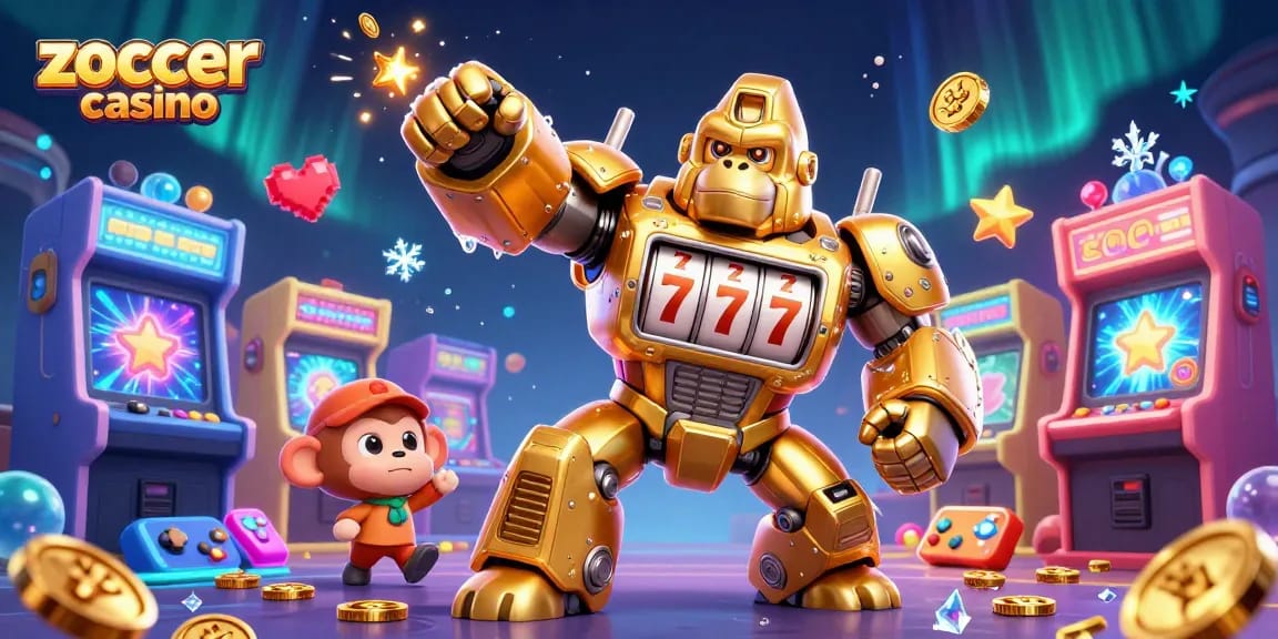 Zoccer casino showcases an epic battle with a golden gorilla mech amidst vibrant gaming elements.