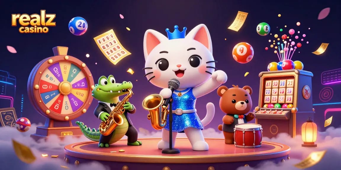 Engage with realz casino in a vibrant 3D illustration of a jazz-singing cat and friends on stage.