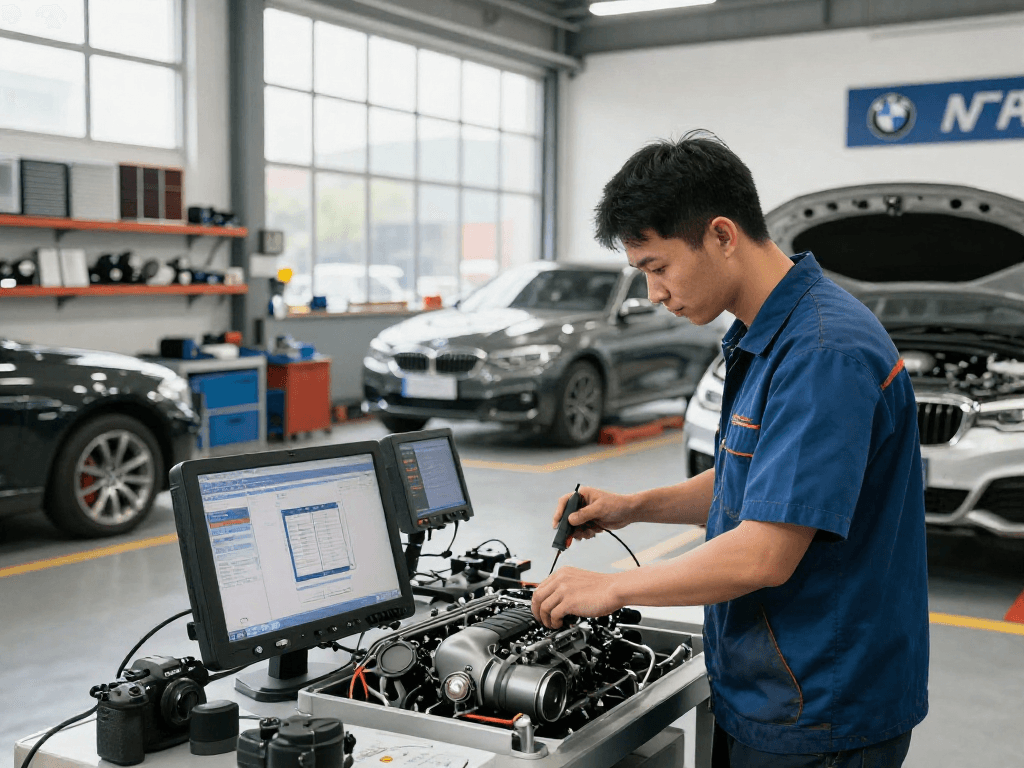 Professionelle BMW Werkstatt Hannover mit Techniker bei der Inspektion eines Motors.