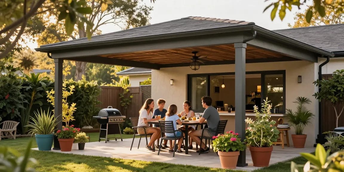 Gemütliche Atmosphäre unter einer freistehenden Terrassenüberdachung mit Familie beim Essen im Garten.