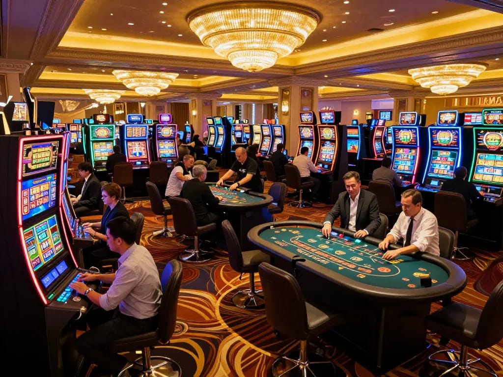 TG88 casino scene showcasing players excitedly engaging with slot machines and table games.