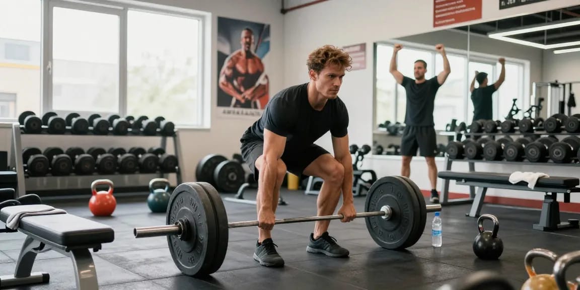 Anabolika Shop: Fitnessszene mit Bodybuilder beim Training im modernen Gym