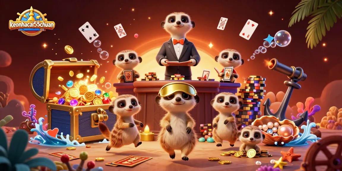 Engage in thrilling bets at keonhacai55chuan with animated meerkats managing an exciting casino.
