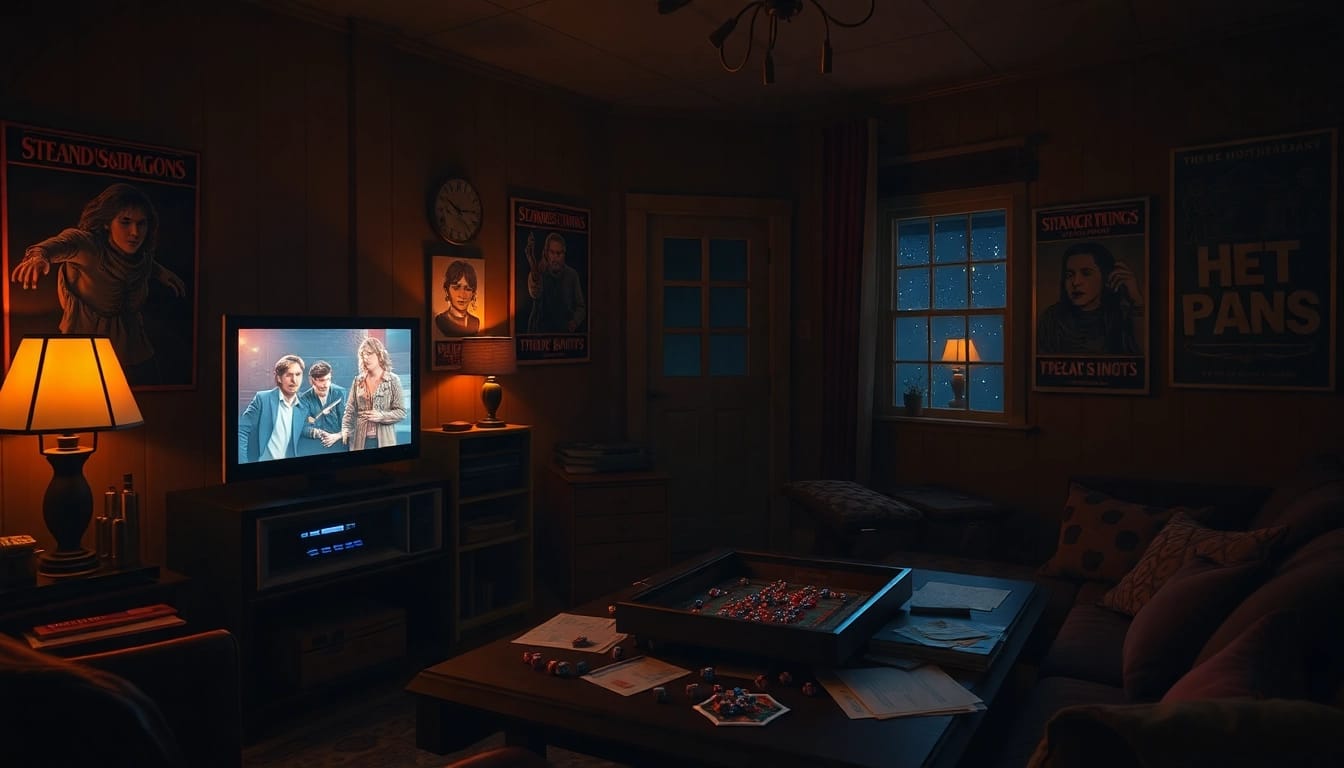 Stranger Things Rezension thematisiertes Wohnzimmer, gefüllt mit nostalgischen Elementen und Retro-Dekor der 80er Jahre