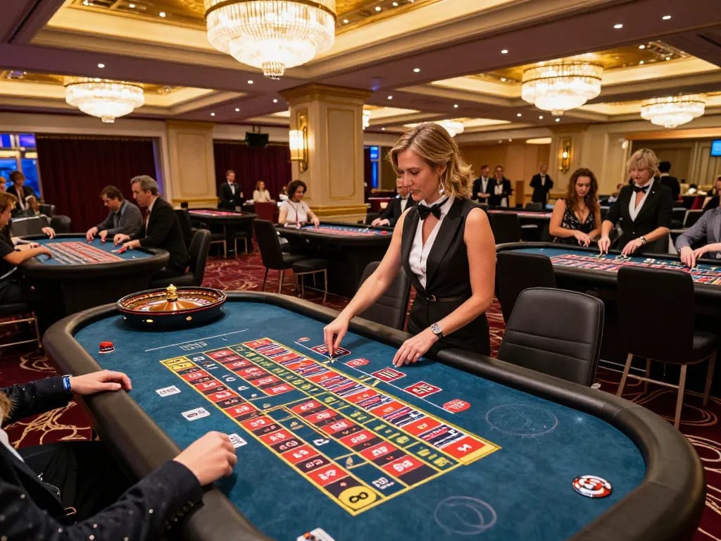 Experience 33WIN excitement at a bustling roulette table, players engaging in high-stakes bets