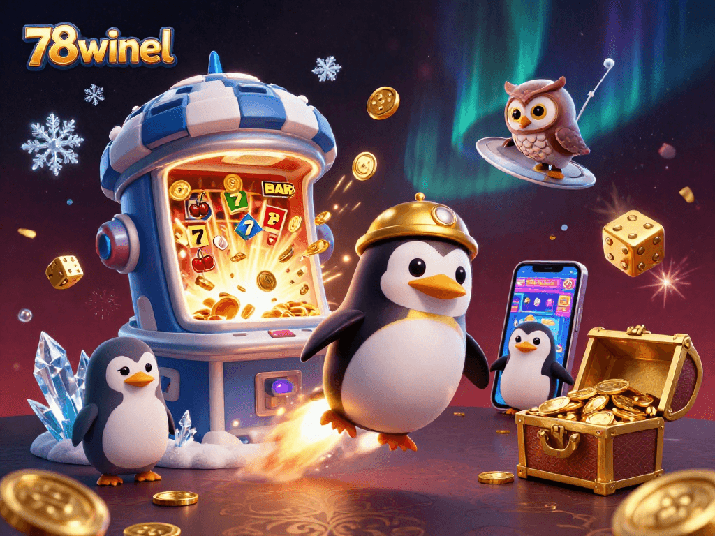 Experience the thrill with 78winel in this vibrant 3D casino scene, showcasing the excitement of slot machines and golden rewards.
