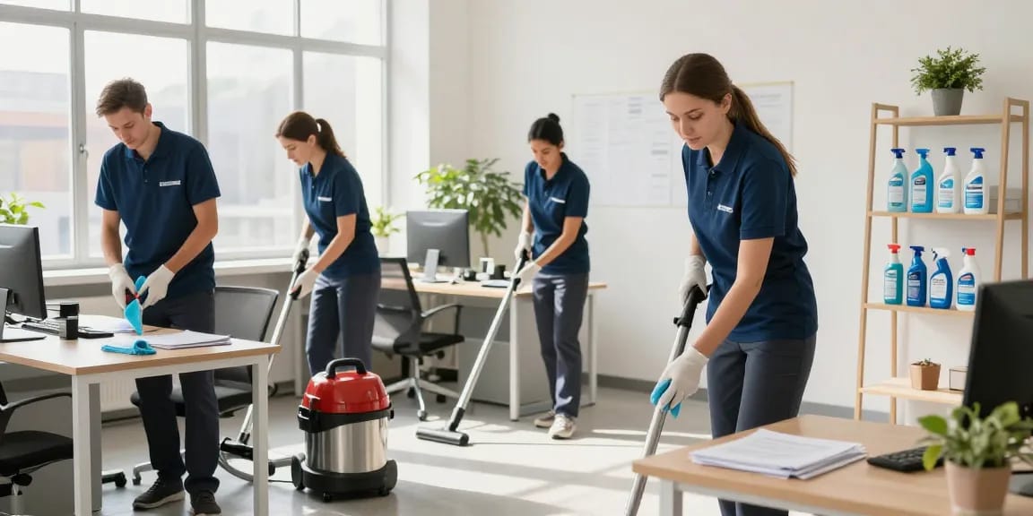 Professional team from reinigungsfirmen in bern cleaning an office environment with sunlight filtering through large windows.