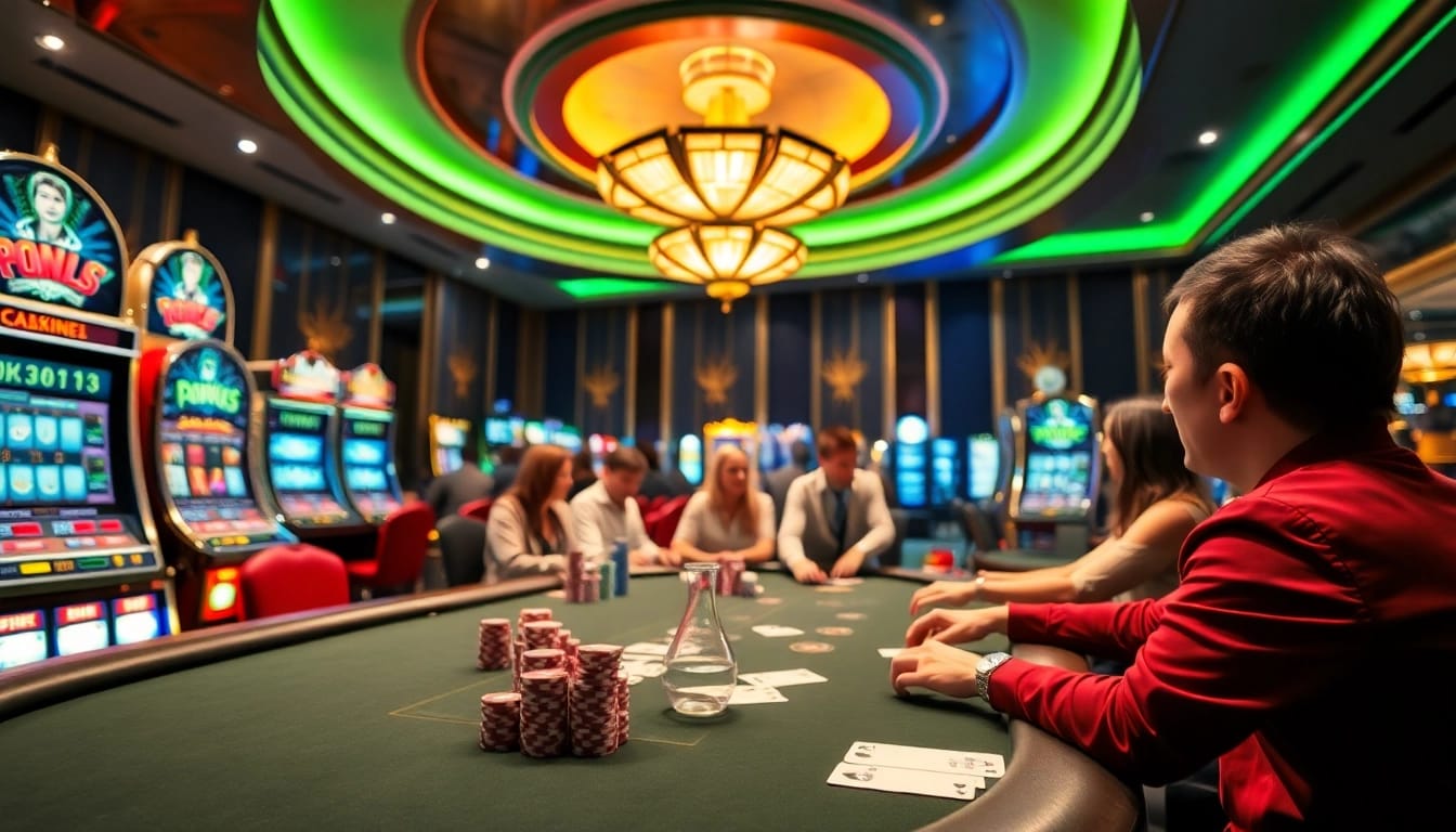 Spiele Casinospiele an einem lebhaften Tisch mit Spielern und bunten Chips.
