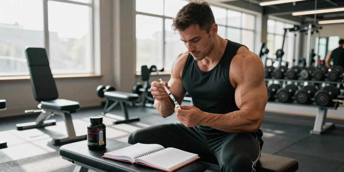 Bodybuilder im Anabolika Shop bereitet sich auf Steroid-Injektion vor, umgeben von Fitnessgeräten.
