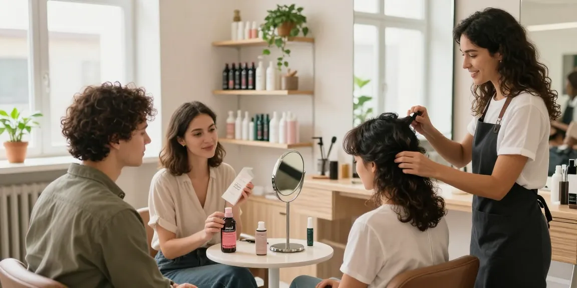 Experts discussing haarausfall solutions with clients in a bright salon setting.