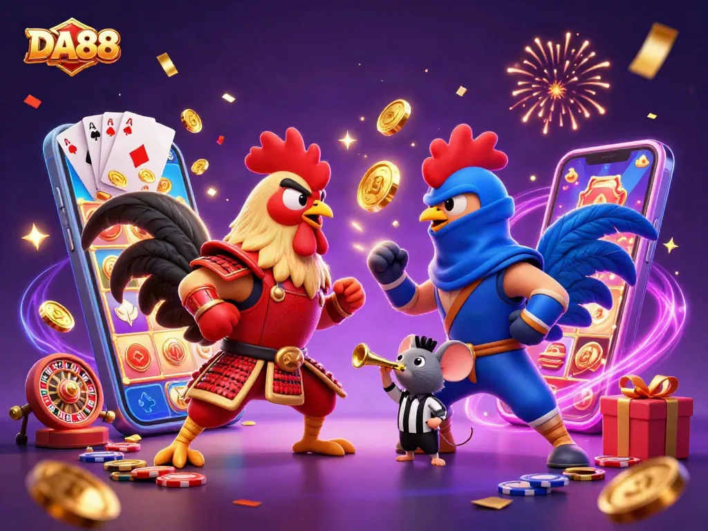 DA88 engages players in an epic battle of roosters amidst vibrant casino excitement.