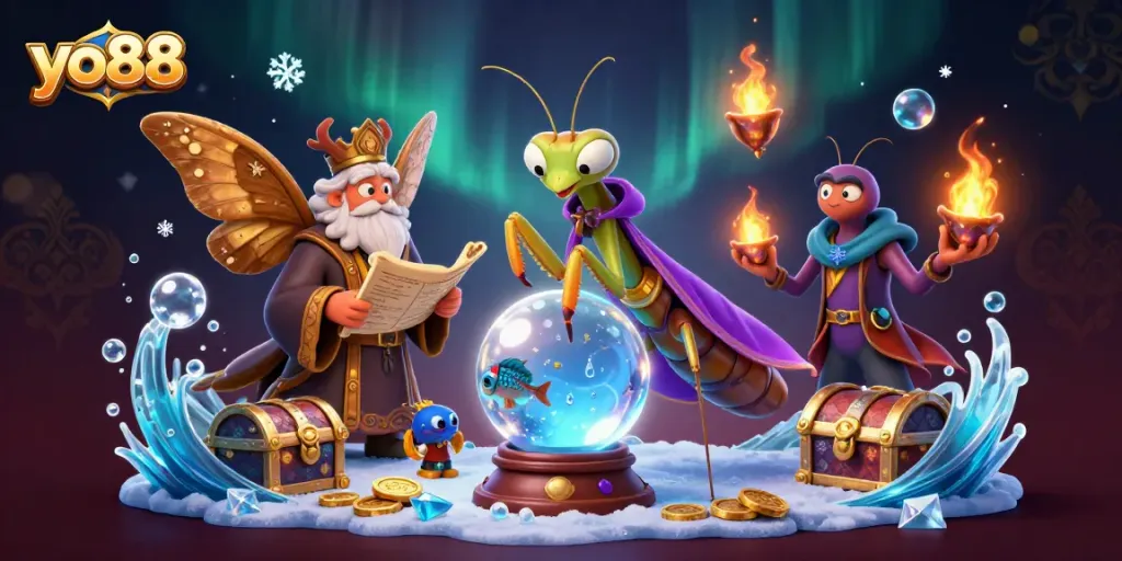 Engage with yo88's immersive fishing game experience through a mystical animated 3D illustration.