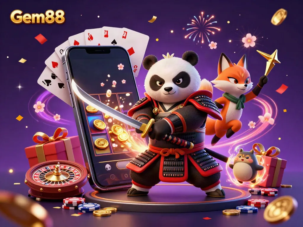 Play thrilling slot games at Gem88 with a vibrant, dynamic illustration of a samurai panda and ninja fox.