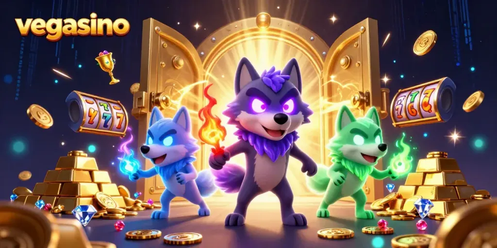 Join the excitement at vegasino as glowing wolves guard a wealth of treasures in this vibrant casino scene.