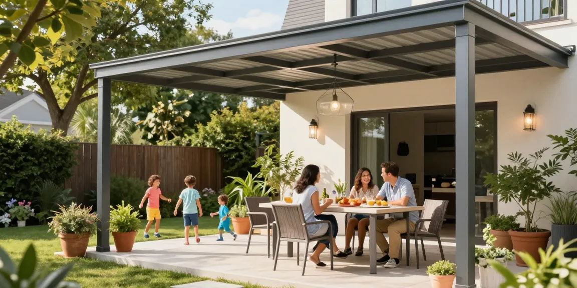 Moderne Terrassenüberdachungen mit Familie im Freien und gemütlicher Atmosphäre