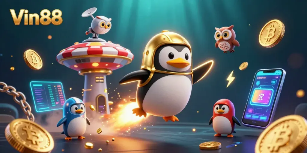 Win big with Vin88 while a golden penguin rockets through a dazzling casino space.