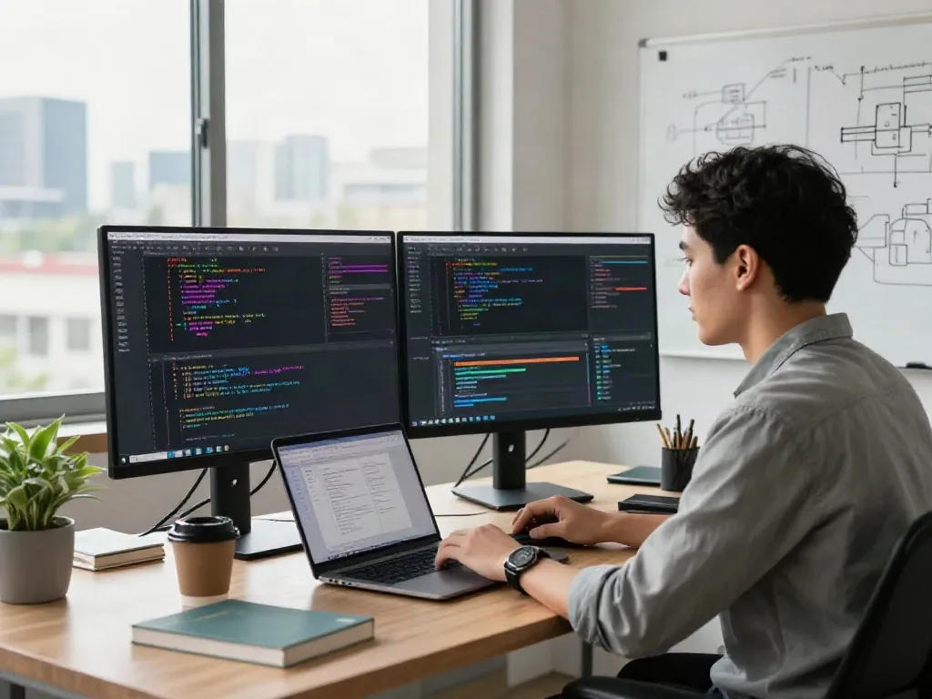 Der Windows 11 Pro Entwickler arbeitet in einem modernen Büro mit dualen Monitoren und Debugging-Tools.