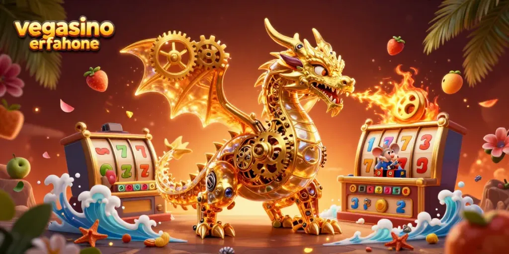 Experience the excitement of Vegasino erfahrungen with iconic golden dragon and slot elements.