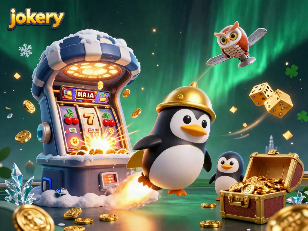 Experience jokery thrills with a rocket-powered penguin amidst a vibrant casino scene.