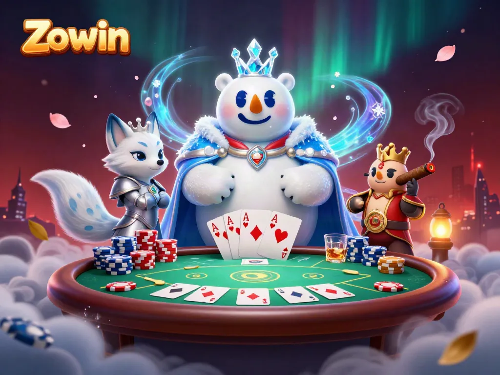 Zowin showcases a vibrant online casino scene with polar bear royalty and poker excitement.