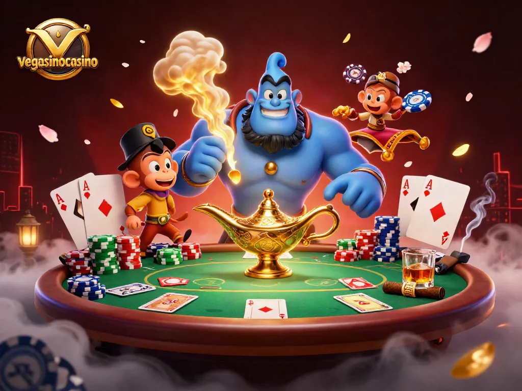Experience the magic of vegasinocasino with a powerful genie and poker action in this vibrant scene.