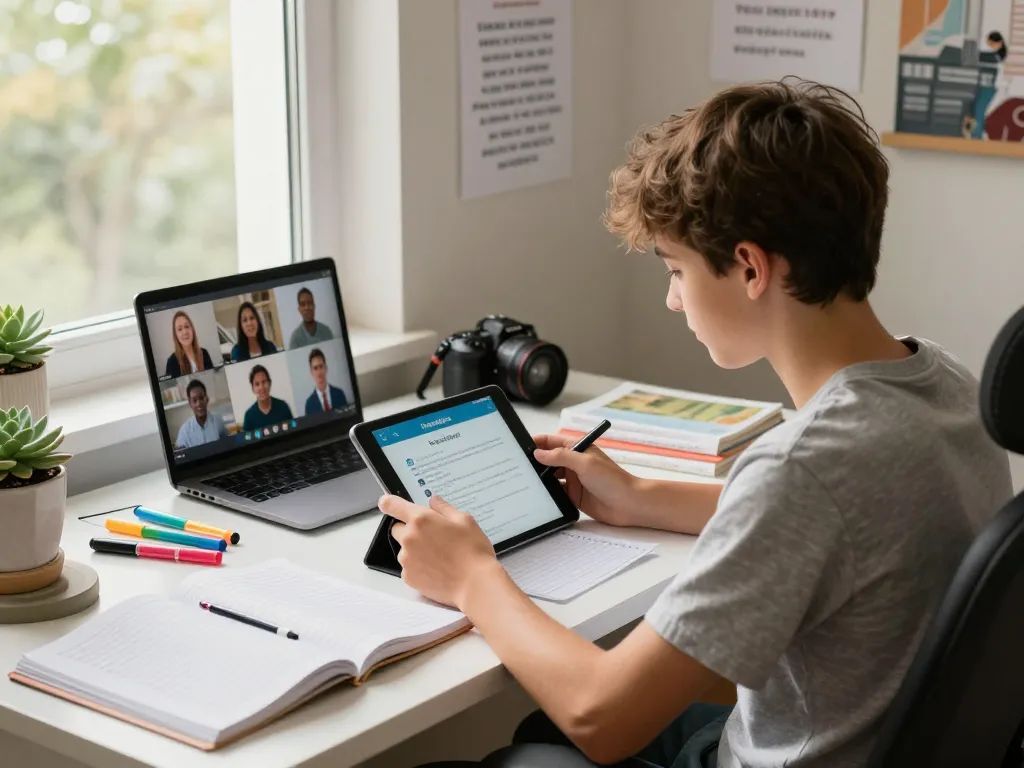 Schüler, der die Hausaufgaben Scanner-App auf dem Tablet in einem gemütlichen Arbeitszimmer verwendet.
