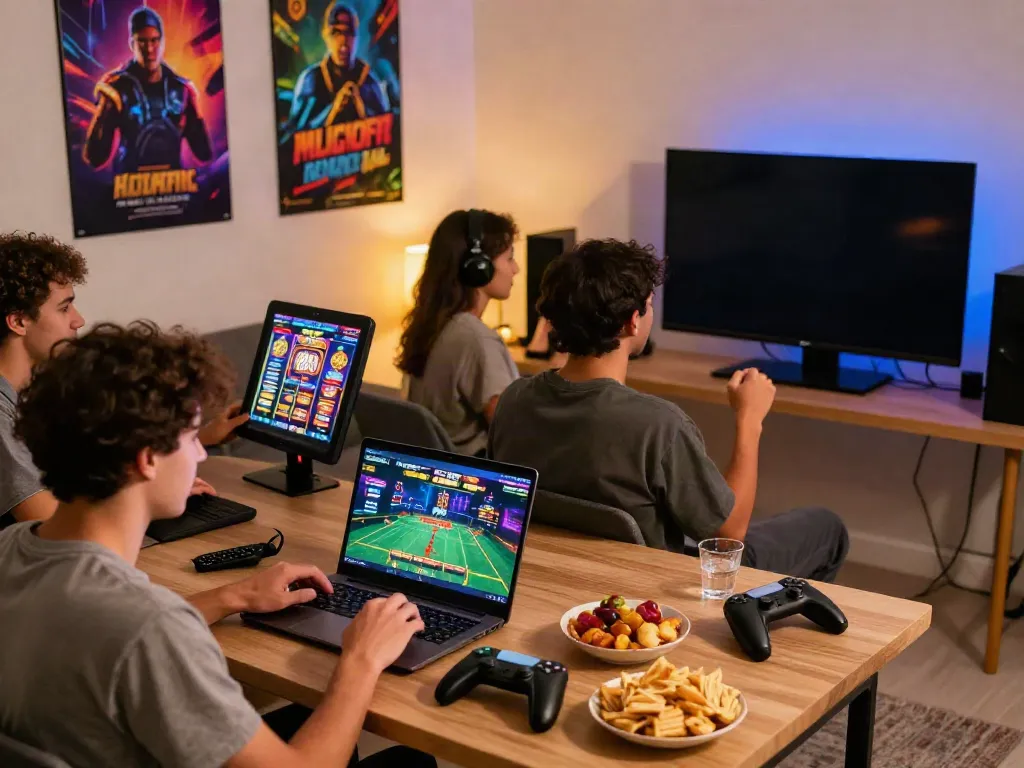 Friends enjoying iwin games in a cozy living room setting with various gaming elements.