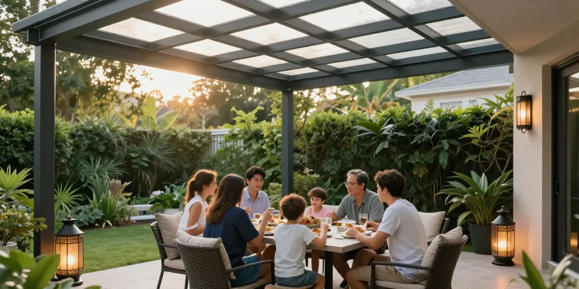 Moderne Terrassenüberdachung mit Familie beim Essen im Garten