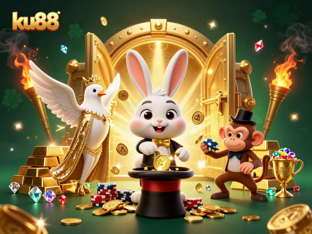 Experience thrilling wins at ku88 with a magician, dove, and monkey in a vibrant casino illustration.