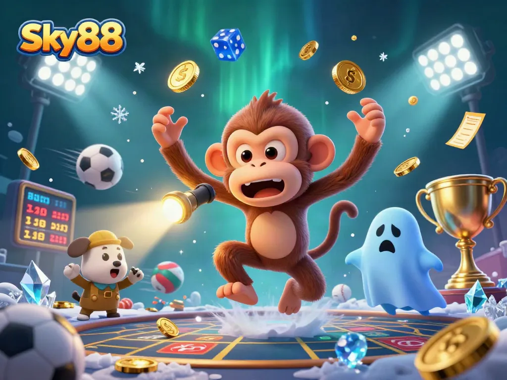 Sky88 showcases a whimsical casino scene with a playful monkey juggling gold while curious puppy watches