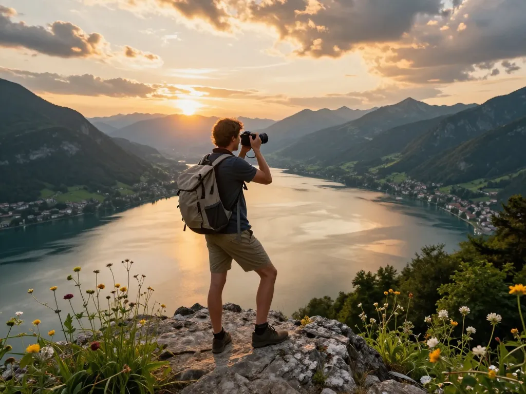 Gardasee Reisetipps: Reisender genießt die malerische Aussicht am Comersee während des Sonnenuntergangs.