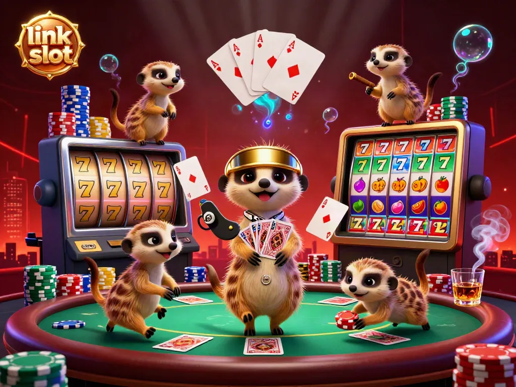 Experience thrilling gameplay with link slot as meerkats orchestrate a dynamic casino scene filled with vibrant elements.