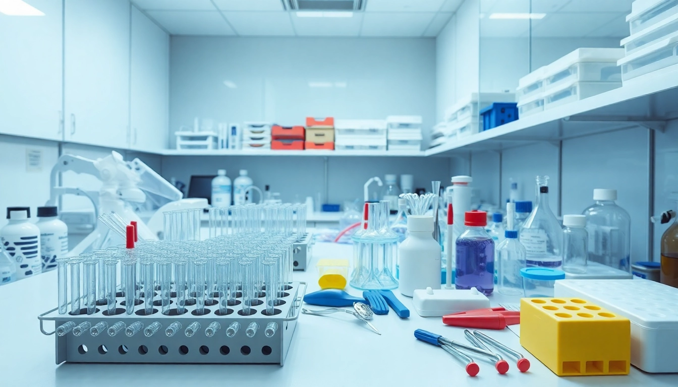 Labormaterial bestellen in einem modernen Labor mit verschiedenen Labormaterialien und Sicherheitsausruestung.
