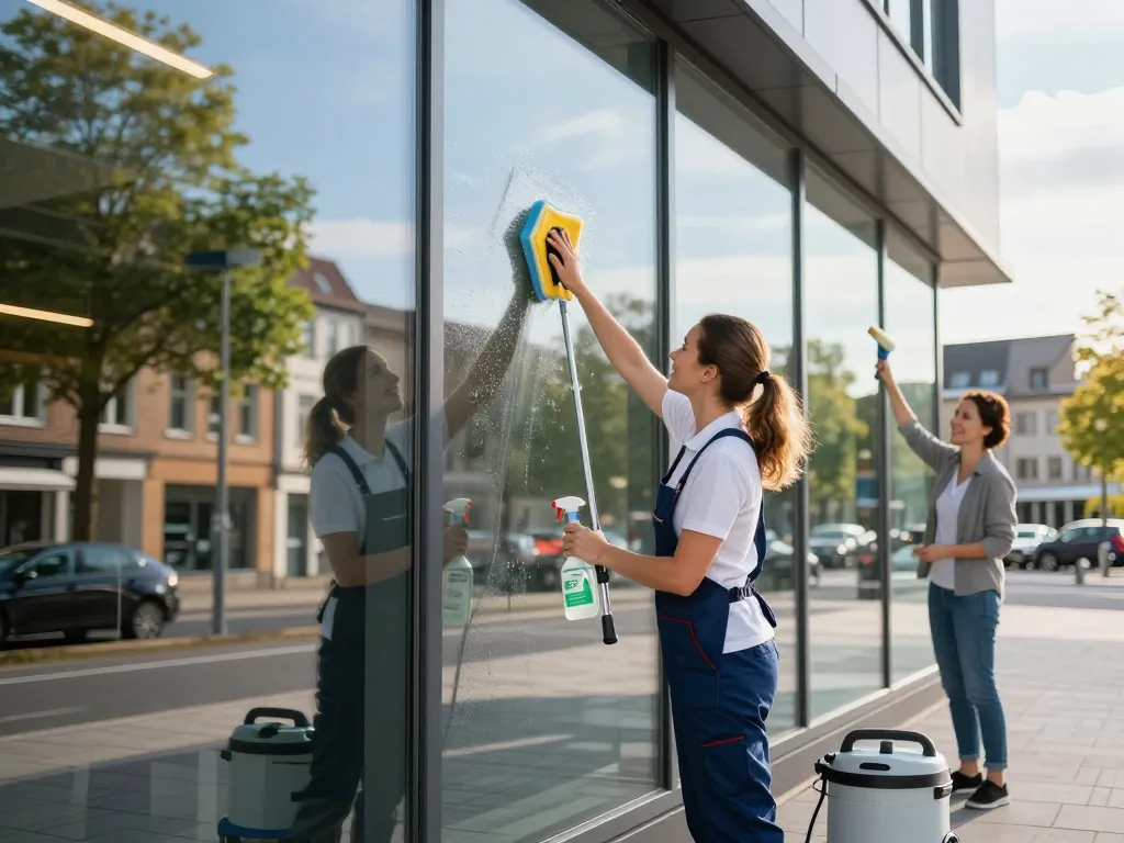 Glasflächen reinigen lassen in Münster mit einem professionellen Reiniger, der klare, funkelnde Fenster zeigt und das Geschäftsumfeld in einer hellen städtischen Umgebung verbessert.
