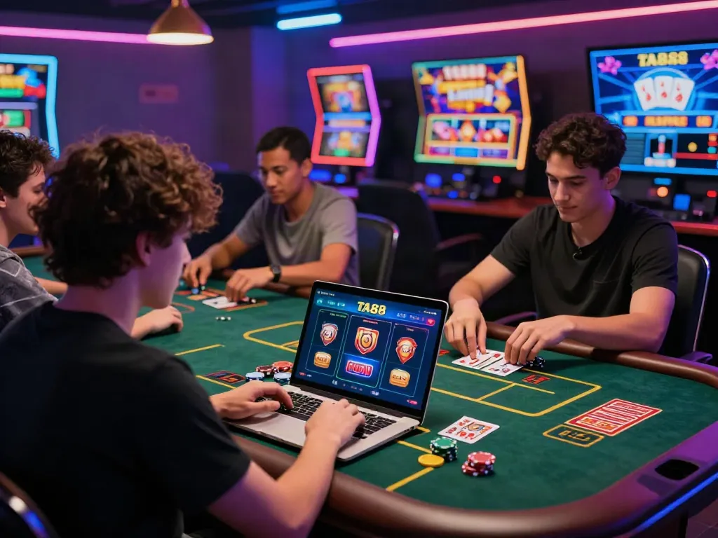 Players enjoying an engaging evening at TA88 online casino, emphasizing excitement and technology.
