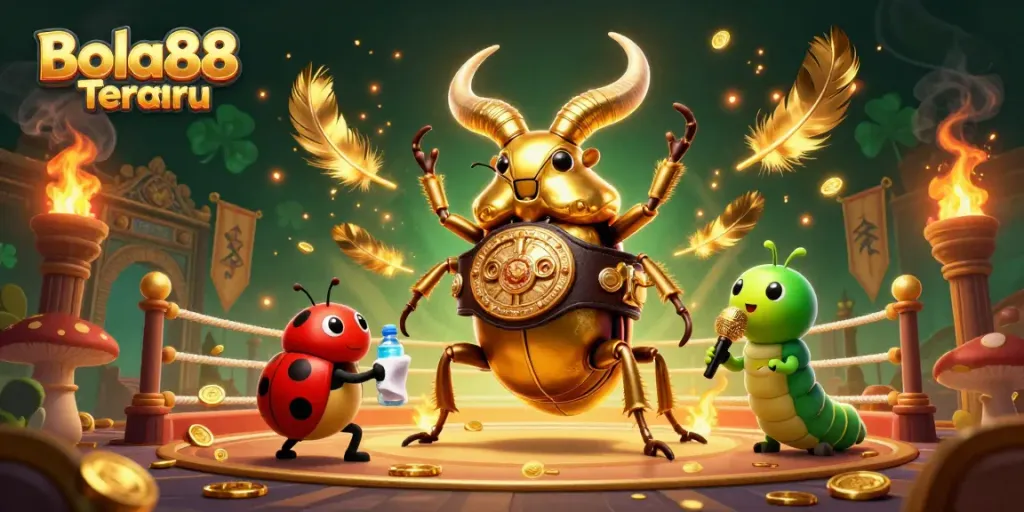 Experience the thrill of Bola88 Terbaru with a vibrant illustration showcasing dynamic characters in a lively betting arena.